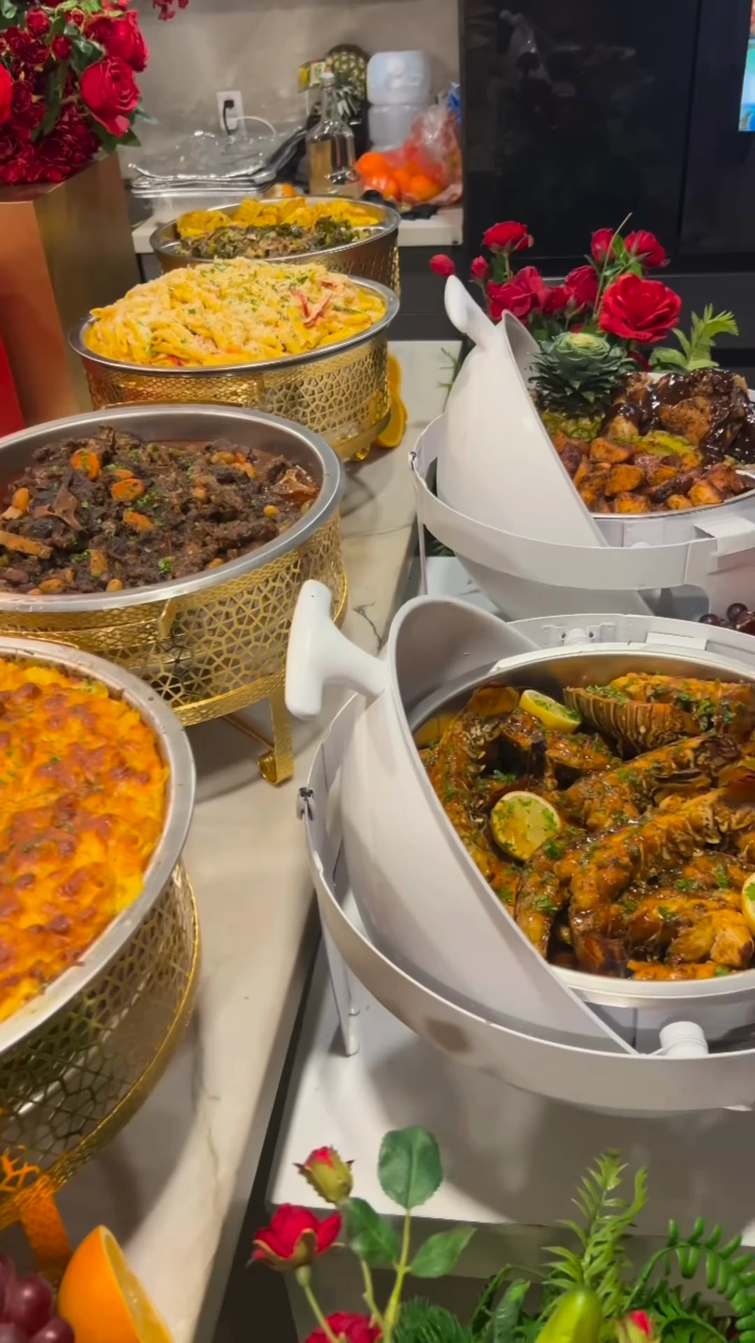 Chef Jay’s celebration buffet with seafood, hot dishes and red roses
