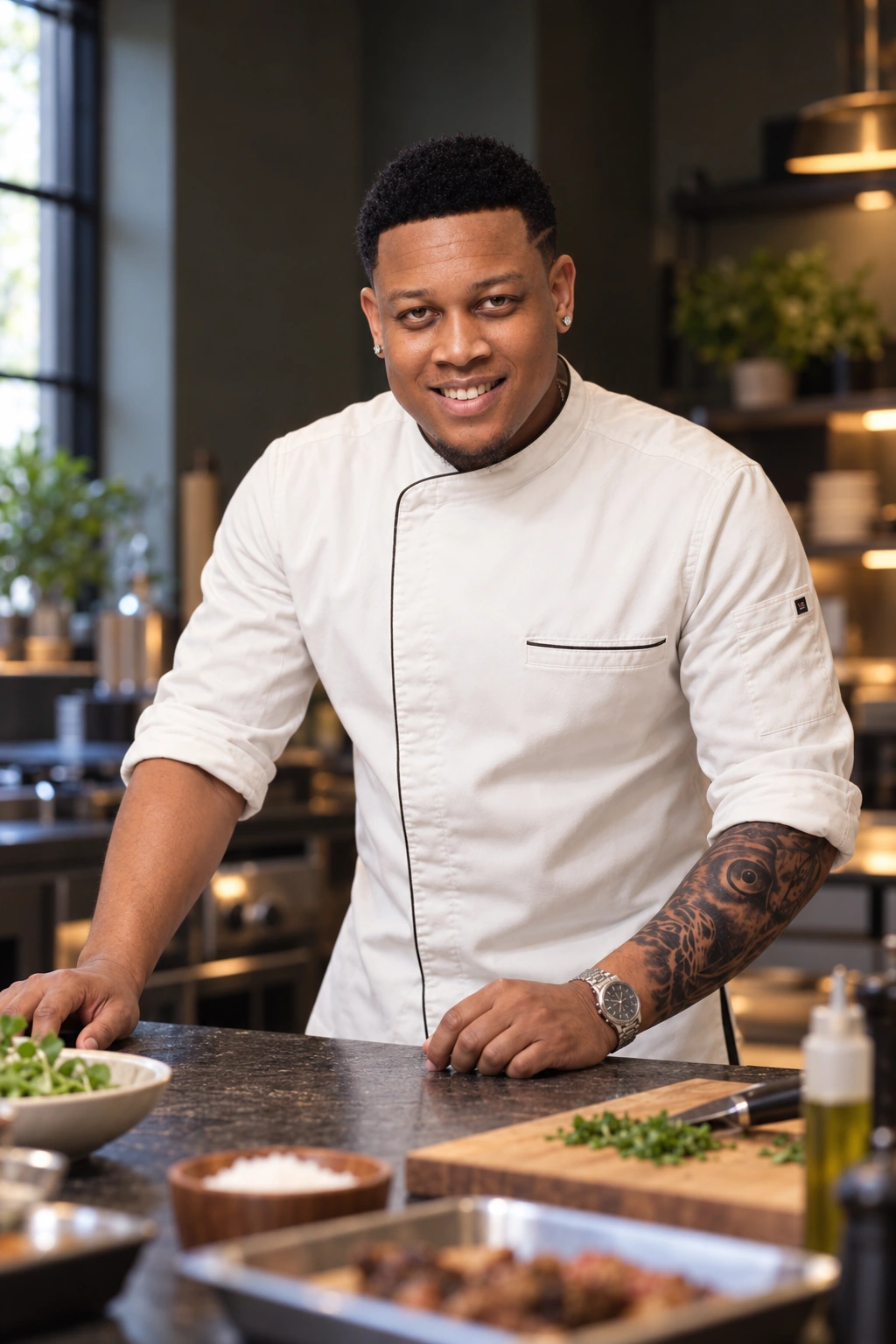 Chef Jay in a quiet moment before service, an AI editorial portrait