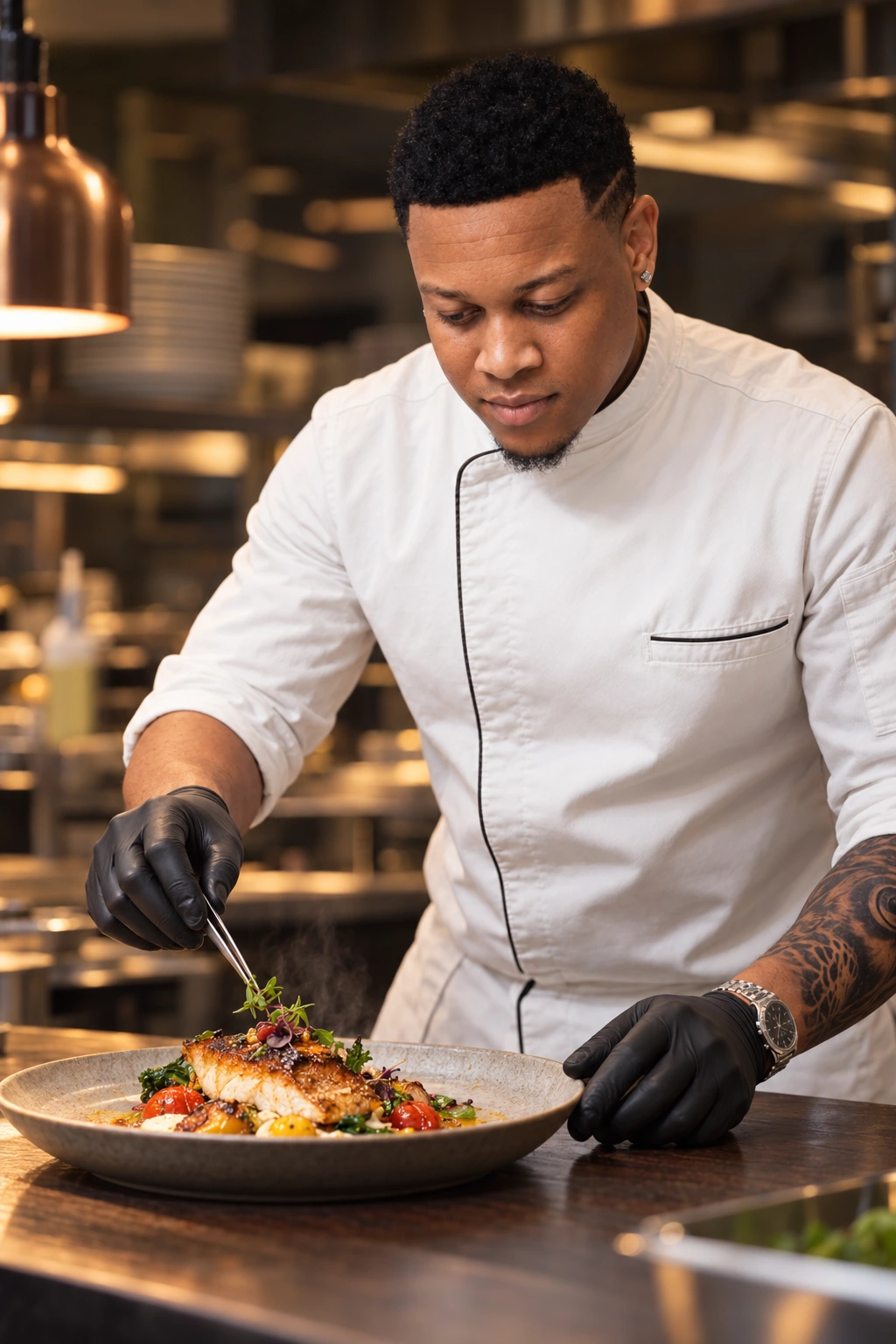 Chef Jay finishing a fish course, an AI cinematic editorial scene