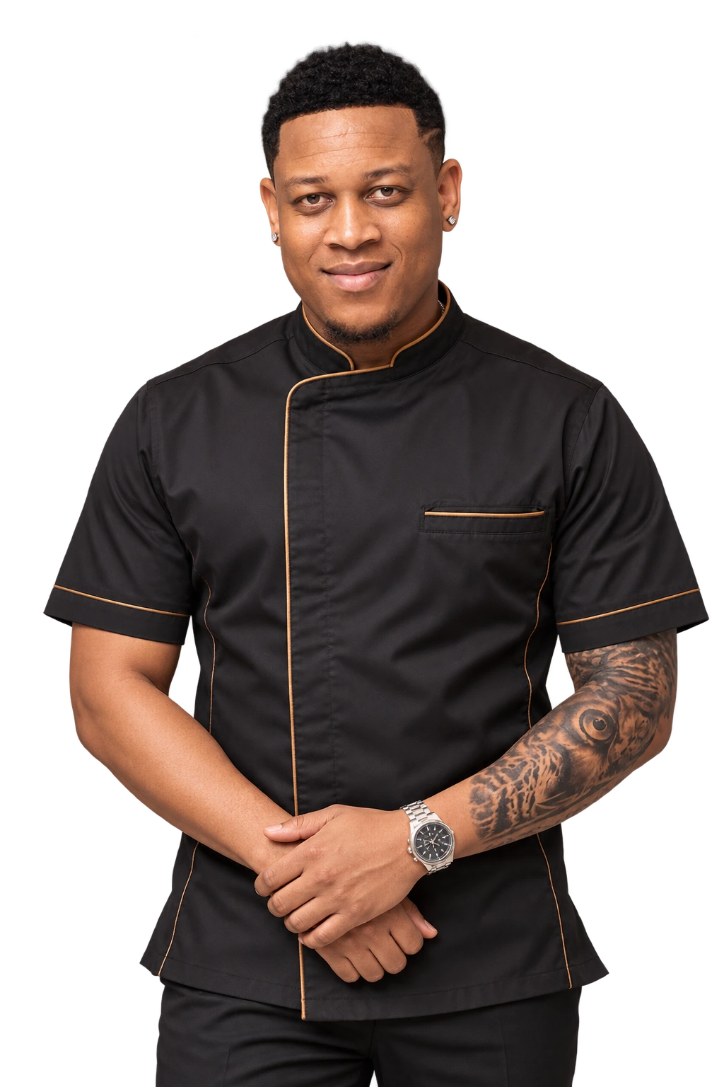Chef Jay in a tailored black chef jacket