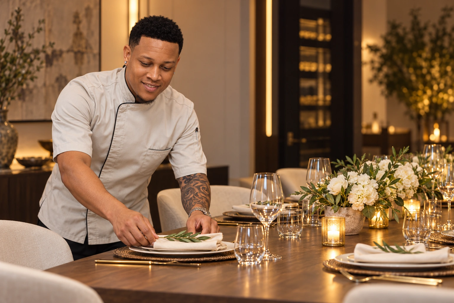 An AI editorial scene of Chef Jay making the final touches to a dining table