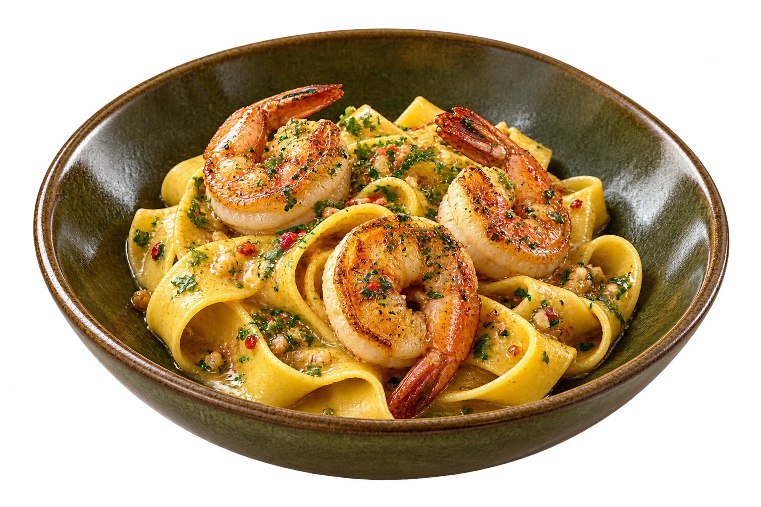 A refined shrimp pappardelle dish, an editorial menu concept