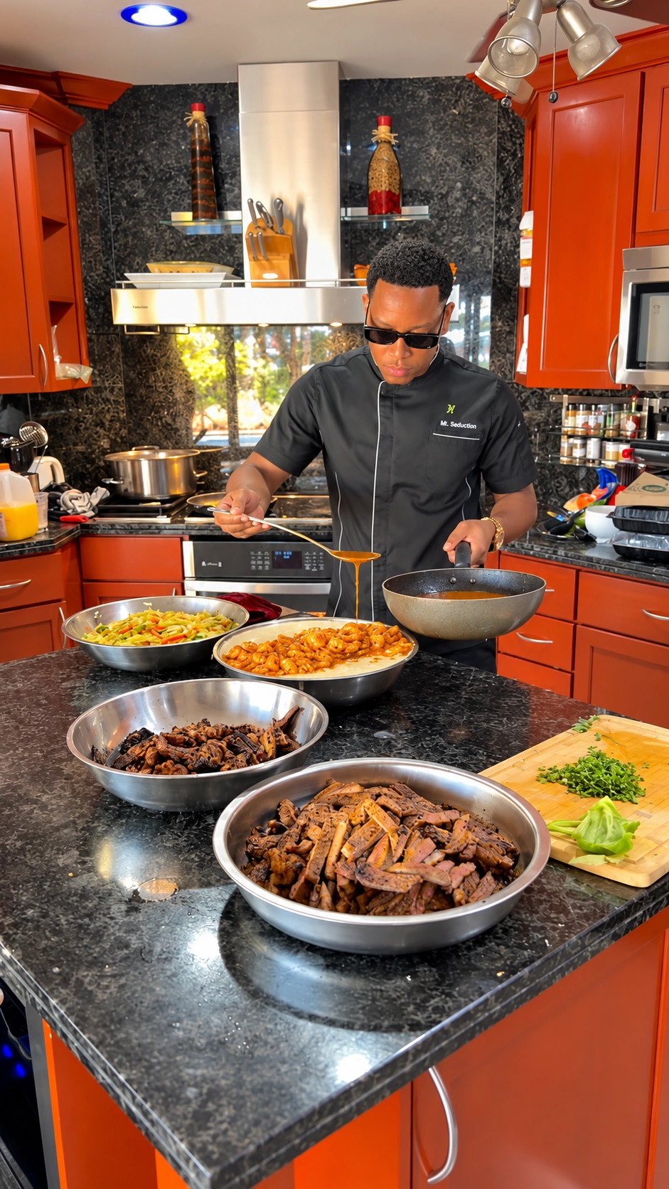 Chef Jay preparing a brunch buffet with several dishes laid out on a kitchen island