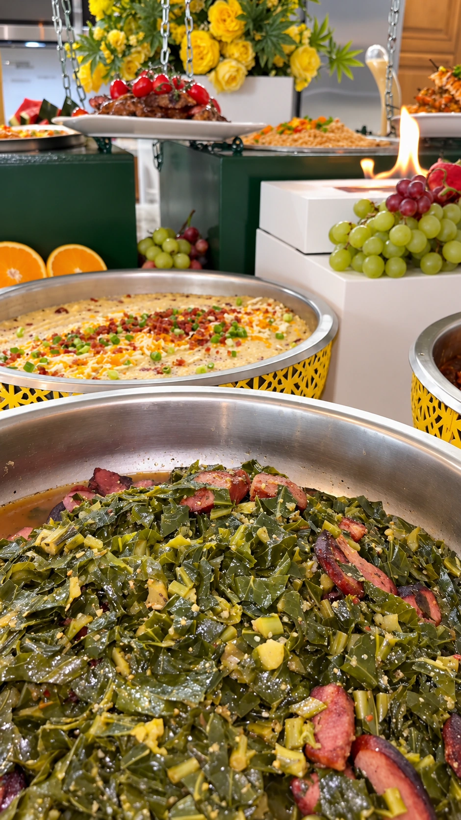 A buffet spread with greens, hot dishes, fresh fruit and floral styling